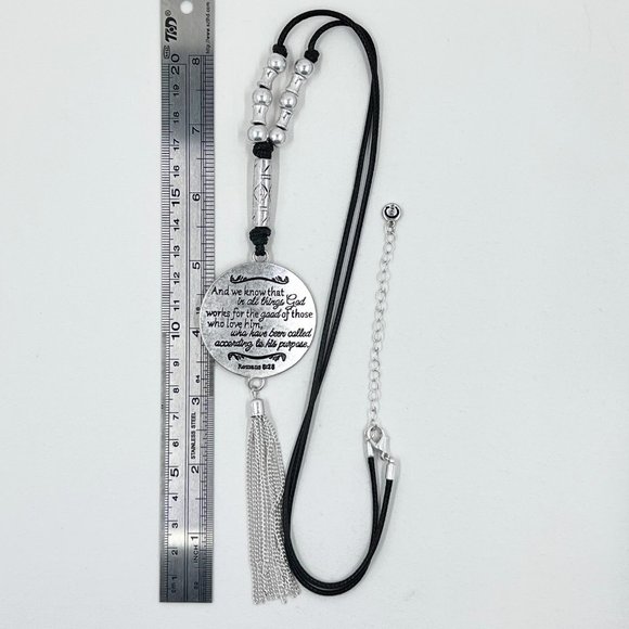 C 1946 - Silver Tone Romans 8:28 Medallion 28” Black Cord Necklace - Picture 6 of 10